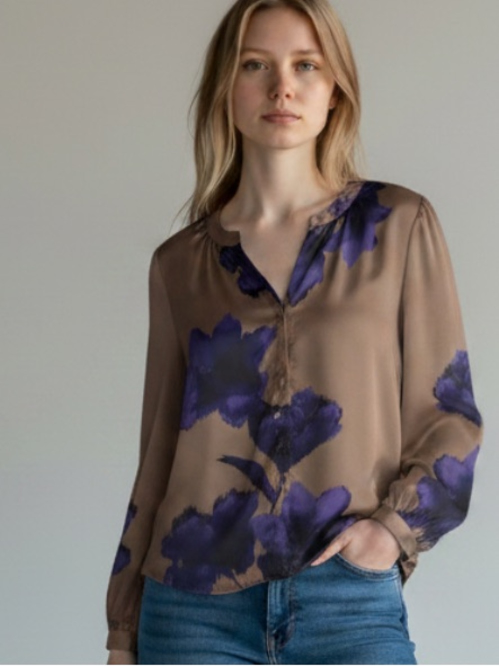 Chico's Taupe Blouse with Bold Purple Floral